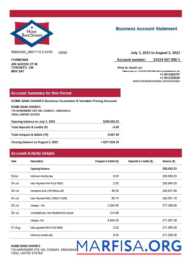 Downloadable Home Bancshares Bank firm account statement Word and PDF template